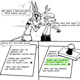 adoption age_difference anthro clothing dialogue duo eyelashes fangs female hairless hat headgear headwear male older_female tail teeth text threatening uniform naircat femnair domestic_cat felid feline felis hairless_cat mammal sphynx_(cat) 1:1 aliasing binary_drawing comic digital_drawing_(artwork) digital_media_(artwork) english_text