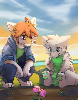 anthro biped bottomwear clothed clothing duo eyebrow_through_hair eyebrows feet flower fur grass green_body green_eyes green_fur hair hoodie male nude orange_eyes orange_hair pants paws plant smile sunset toes topwear translucent translucent_hair kuttoyaki mythology kutto snuffles_(character) dragon furred_dragon furred_scalie hybrid mythological_creature mythological_scalie scalie wingless_dragon 2020 absurd_res digital_media_(artwork) hi_res