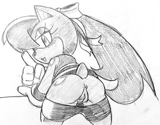 accessory anus bottomwear bottomwear_down butt clothed clothing eyelashes female genitals hair hair_accessory hair_ribbon looking_at_viewer looking_back partially_clothed ponytail ribbons shorts shorts_down solo tail vulva icydirtball sega sonic_the_hedgehog_(series) sonic_x-treme tiara_boobowski domestic_cat felid feline felis mammal hi_res sketch