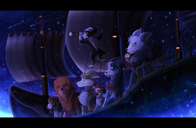 blue_eyes brown_eyes clothing detailed_background feral freckles fur green_eyes group kerchief night orange_eyes outside piercing pirate sail scarf ship sitting star vehicle watercraft white_body white_fur yellow_eyes skaydie crew avian bird canid canine canis domestic_dog mammal owl 2015 digital_media_(artwork) hi_res letterbox