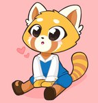 :o anthro blush blush_lines brown_body brown_fur clothing daww eyebrows female footwear fur heart_symbol multicolored_body multicolored_fur open_mouth orange_body orange_fur pink_background shoes simple_background sitting solo tan_body tan_fur kittyrosie aggretsuko sanrio retsuko ailurid mammal red_panda 2020 digital_media_(artwork) hi_res