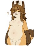 anthro belly blush breasts brown_body brown_fur brown_hair dipstick_ears dipstick_tail ear_markings eyes_closed featureless_breasts featureless_crotch female female_anthro fluffy fluffy_tail fur gloves_(marking) hair inner_ear_fluff kemono long_hair markings medium_breasts multicolored_ears navel neck_tuft overweight overweight_anthro overweight_female pear-shaped_figure question_mark simple_background snout solo standing tail tail_markings tuft white_background wide_hips mofuaki canid canine fox mammal 2024 hi_res portrait three-quarter_portrait