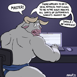 anthro big_muscles bottomwear chair clothed clothing computer dialogue electronics furniture horn loincloth looking_at_viewer looking_back looking_back_at_viewer male muscular muscular_male office_chair on_chair rear_view sitting sitting_on_chair solo speech_bubble text topless nanoff 4chan european_mythology greek_mythology minotaur_hotel mythology navy_seal_copypasta asterion_(minotaur_hotel) bovid bovine mammal minotaur 1:1 english_text hi_res meme