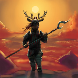 anthro antlers armor armored_boots bottomwear breastplate brown_body brown_hair clothed clothing cloud detailed_background fingerless_gloves front_view gloves guard hair handwear headgear helmet holding_melee_weapon holding_object holding_polearm holding_spear holding_weapon horn looking_at_viewer male melee_weapon mountain narrowed_eyes pants pauldron polearm ponytail pose sky solo spear sun sunset vambrace weapon cursoryexploration nintendo the_legend_of_zelda deer mammal 1:1 2018 absurd_res digital_drawing_(artwork) digital_media_(artwork) full-length_portrait hi_res portrait warm_colors