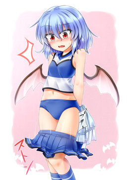 blue_clothing blue_hair blue_panties blue_underwear blush bodily_fluids bottomwear breasts cheerleader clothed clothing fangs female footwear hair legwear membrane_(anatomy) membranous_wings midriff navel not_furry open_mouth panties pom_poms red_eyes shirt short_hair skirt slim small_breasts socks solo sweat sweatdrop tank_top teeth text topwear underwear undressing wardrobe_malfunction white_body white_skin wings m9kndi touhou remilia_scarlet humanoid vampire hi_res japanese_text translation_request