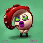 blue_eyes cephalopod clothing female footwear green_background green_sclera lips marine mataknight mollusk nintendo octarian octotrooper open_mouth red_body red_skin shoes simple_background smile splatoon tan_body tan_skin tentacles thick_lips
