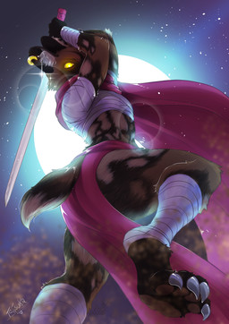 anthro bandage cape clothing digitigrade ear_piercing ear_ring female hooped melee_weapon moon night piercing ring_piercing solo star sword weapon tetisuka sang:_the_desert_blade sang_(sang:_the_desert_blade) absurd_res hi_res