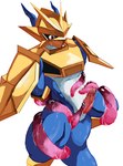 anthro armor blue_body blush bottomless cloacal_penis clothed clothing erection genitals gold_(metal) gold_armor male muscular penis red_eyes solo tentacles byshz2000 bandai_namco digimon digimon_(species) magnamon hi_res