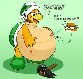 after_vore ambiguous_gender angry belly big_belly brown_body clothing duo feral feral_pred feral_prey footwear green_clothing green_footwear green_helmet green_shell green_shoes hammer shell shoes text tools vore yellow_arms yellow_legs mcboovels mario_bros nintendo bro_(koopa) hammer_bro koopa monty_mole scalie 2026 english_text