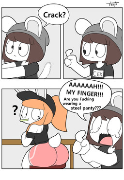 3_panel_comic anthro beanie big_breasts big_butt black_clothing black_hat black_headwear black_shirt black_topwear bottomwear breasts broken_finger brown_hair butt clothed clothing dialogue duo female fur furniture grey_beanie grey_clothing grey_hat grey_headwear hair hat head_turned headgear headwear hotpants huge_butt humor looking_back male off_shoulder orange_hair pain pink_bottomwear pink_clothing pink_hotpants pink_shorts profanity shirt shorts simple_background speech_bubble stool table text thick_thighs topwear white_body white_fur tonytoran tina_(tonytoran) tony_(tonytoran) chinchilla chinchillid lagomorph leporid mammal rabbit rodent 2020 comic digital_drawing_(artwork) digital_media_(artwork) english_text hi_res