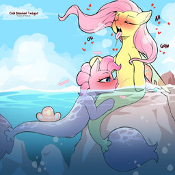 alternate_species animal_ears blue_eyes blush bodily_fluids cunnilingus detailed_background drooling duo eyelashes female female/female feral genitals hair hand_on_head looking_pleasured oral outside partially_submerged pink_body pupils rock saliva sea sex side_view split_form text tongue tongue_out vaginal vulva water yellow_body cold-blooded-twilight friendship_is_magic hasbro my_little_pony fluttershy_(mlp) pinkie_pie_(mlp) aquatic equid equine mammal merfolk merpony 1:1 2025 english_text hi_res