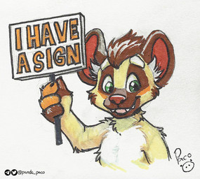 anthro arm_tuft fangs front_view fur green_eyes holding_object holding_sign inner_ear_fluff logo looking_at_viewer male neck_tuft nude open_mouth open_smile red_inner_ear shoulder_tuft sign simple_background smile solo teeth tuft white_background white_body white_fur white_inner_ear_fluff yellow_body yellow_fur young young_anthro young_male pandapaco african_wild_dog canid canine mammal artist_logo half-length_portrait portrait signature
