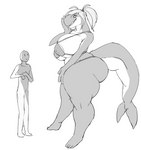 anthro big_breasts big_butt bikini biped breasts butt clothing duo female hair huge_breasts huge_butt larger_female male nipple_outline simple_background size_difference slightly_chubby smaller_male standing swimwear tail thick_tail thick_thighs two-piece_swimsuit white_background audunor yulara cetacean human mammal marine 2019 digital_media_(artwork) monochrome