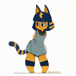 :< anthro bangs biped black_eyes blue_body blue_hair blunt_bangs bob_cut clothed clothing digitigrade dress eyeliner female hair hands_behind_back jewelry makeup markings necklace simple_background solo striped_markings striped_tail stripes tail tail_markings tail_motion thick_calves uraeus white_background white_clothing white_dress wide_hips wiggle yellow_body zigstripes animal_crossing nintendo ankha_(animal_crossing) domestic_cat felid feline felis mammal 1:1 2020 animated loop no_sound short_playtime signature video
