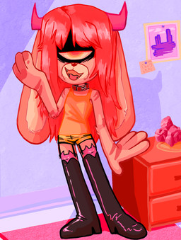 1_eye 4_fingers ambiguous_gender anthro bare_shoulders boots bottomwear clothed clothing collar detailed_background drawer fingers floppy_ears footwear front_view hair hotpants inside long_ears long_hair looking_at_viewer open_mouth red_hair shoes shorts solo standing young young_anthro deaddemonbunny cyclops demon lagomorph mammal hi_res