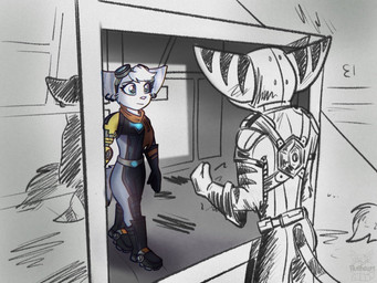 anthro belt blue_eyes clothing cybernetic_arm cybernetic_limb duo ear_piercing ear_ring eyebrows eyelashes eyewear eyewear_on_head female gloves goggles goggles_on_head handwear headgear headwear male piercing ring_piercing scarf stripes littlelombaxart ratchet_and_clank sony_corporation sony_interactive_entertainment ratchet_(ratchet_and_clank) rivet_(ratchet_and_clank) lombax mammal 2025 sketch