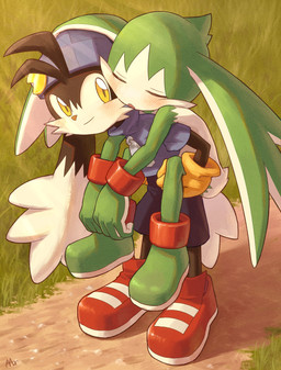 anthro backwards_baseball_cap backwards_hat baseball_cap black_body black_fur blue_clothing blue_shirt blue_topwear blush bottomwear carrying_another clothing duo footwear fur gloves green_body green_fur handwear hat headgear headwear kemono male male/male open_mouth piggyback red_clothing red_footwear red_shoes red_sneakers shirt shoes shorts sleeping sneakers topwear yellow_clothing yellow_eyes yellow_gloves yellow_handwear young young_anthro young_male amber_graygamma bandai_namco klonoa_(series) king_of_sorrow klonoa 2023 absurd_res hi_res japanese_description