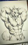 abs anthro armpit_hair athletic biceps big_muscles body_hair flexing fur hands_behind_head male muscular muscular_anthro muscular_male nipples open_mouth pecs pubes raised_arms solo teeth tongue tongue_out canyne_khai kawe canid canine canis mammal wolf 2016 5:8 hi_res monochrome sketch