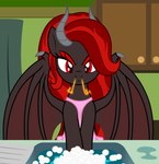 annoyed apron clothing eyeshadow female fire fire_from_nose hair horn kitchen makeup membrane_(anatomy) membranous_wings multicolored_hair red_eyes red_eyeshadow red_hair sink solo two_tone_hair washing_dishes wings badumsquish hasbro my_little_pony fan_character kim_stone_(oc) demon equid equine horse mammal pony hi_res