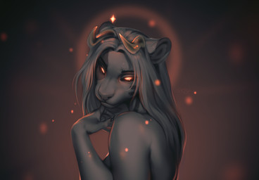 anthro breasts facial_markings female fur grey_body grey_fur hair head_markings horn long_hair looking_at_viewer markings nude pink_eyes side_view solo smileeeeeee nebula_(smu) felid mammal pantherine 2025 half-length_portrait hi_res portrait shaded