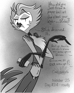anthro beak bottomwear cellphone chest_tuft clothing collar crossed_arms dialogue electronics eyes_closed feathers holding_cellphone holding_object holding_phone male multi_eye open_mouth pants phone shirt smartphone solo tail tail_feathers tank_top text tongue topwear tuft atimon hellaverse helluva_boss stolas_(helluva_boss) avian demon 2025 4:5 english_text hi_res monochrome signature