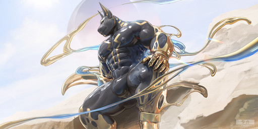 abs anthro barazoku biceps black_body bulge chest_markings claws desert finger_claws gold_body golden_inner_ear logo male markings multicolored_body muscular muscular_anthro muscular_male navel nipple_outline on_rock outside rock sand sitting sitting_on_rock sky slime solo two_tone_body yellow_eyes takahirosi egyptian_mythology middle_eastern_mythology mythology anubis anubian_jackal canid canine canis deity jackal mammal symbiote 2025 artist_logo hi_res