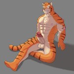 abs anthro balls barefoot bodily_fluids erection feet fur genital_fluids genitals grey_background humanoid_genitalia humanoid_hands humanoid_penis male muscular muscular_anthro muscular_male nipples nude orange_body orange_fur pecs penis precum simple_background sitting sitting_on_ground smile solo stripes toes ghostcatmar knights_college grantly_bell felid feline mammal pantherine tiger 1:1 hi_res