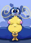 2020 anthro anthrofied arachnid arthropod blue_body blue_skin breasts cathy_(junktrashman) convenient_censorship countershading duo english_text erect_nipples female fish front_view generation_3_pokemon generation_5_pokemon hi_res joltik junkbag larger_female looking_at_viewer marine nintendo nipples non-mammal_breasts nude open_mouth open_smile pink_nipples pokemon pokemon_(species) sitting size_difference smaller_female smile spread_legs spreading text toony whiscash yellow_body yellow_countershading