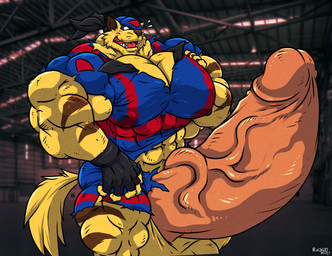 5_fingers abs anthro balls barazoku biceps big_balls big_muscles big_pecs big_penis biped black_clothing black_gloves black_handwear blue_clothing blush bodily_fluids brown_body brown_claws brown_finger_claws brown_fur brown_inner_ear brown_nose brown_stripes claws clothed clothed_anthro clothed_male clothing deltoids detailed_background empty_eyes erection finger_claws fingerless_gloves fingers flying_sweatdrops foreskin fur genitals glans gloves hand_on_own_chest hand_on_own_pec handwear hangar huge_balls huge_muscles huge_pecs huge_penis humanoid_genitalia humanoid_hands humanoid_penis hyper hyper_balls hyper_genitalia hyper_muscles hyper_penis inside male male_anthro mask monotone_tail multicolored_body multicolored_fur muscular muscular_anthro muscular_arms muscular_male muscular_thighs nipple_outline open_mouth open_smile pecs penis photo_background pink_glans pink_penis quads red_clothing retracted_foreskin smile solo standing striped_arms striped_body striped_fur striped_legs stripes sweat sweatdrop tail teeth text three-quarter_view tight_clothing torn_clothing trapezius triceps two_tone_body two_tone_fur vein veiny_penis wardrobe_malfunction whiskers yellow_body yellow_fur rackun hanna-barbera swat_kats chance_furlong domestic_cat felid feline felis mammal artist_name digital_drawing_(artwork) digital_media_(artwork) hi_res mixed_media photography_(artwork) portrait three-quarter_portrait