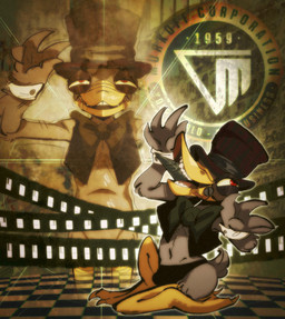 anthro avian_feet bow_tie bulge clothing crazed_look cuffs_(clothing) detailed_background gesture hand_gesture hat headgear headwear male navel screw solo top_hat v_sign salamikii outlast doctor_futterman anatid anseriform avian bird duck hi_res