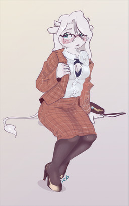 anthro bangs bottomwear bra breasts cleavage clothed clothed_anthro clothed_female clothing eyewear female female_anthro footwear glasses hair high_heels jacket lace_bra legwear long_hair looking_at_viewer office_lady open_mouth pantyhose pose shirt shoes sitting skirt solo tail tail_tuft teal_eyes text three-quarter_view topwear tuft unbuttoned_shirt underwear white_hair drafthoof betty_brown bovid bovine cattle mammal digital_drawing_(artwork) digital_media_(artwork) english_text full-length_portrait hi_res portrait
