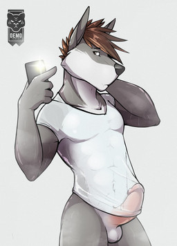 abs anthro athletic athletic_male balls black_nose bored bottomless brown_eye brown_hair clothed clothing countershading electronics erection erection_under_clothing fur genitals grey_body grey_fur hair hand_behind_head holding_object holding_phone humanoid_genitalia humanoid_penis looking_at_object looking_at_phone male mostly_nude_male navel penis phone pink_penis selfie shirt shirt_only short_hair simple_background solo spiky_hair standing t-shirt t-shirt_only text three-quarter_view topwear topwear_only undershirt vein veiny_penis wet wet_t-shirt white_background white_body white_clothing white_fur white_shirt white_t-shirt white_topwear d3mo canid canine canis mammal wolf 2016 artist_name dated hi_res portrait three-quarter_portrait