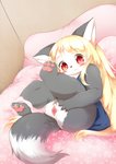 :3 anthro bed blonde_hair blush clitoris clothed clothing female female_anthro furniture genitals hair hymen kemono loli long_hair looking_at_viewer partially_clothed pawpads pillow pussy red_eyes solo spread_legs spread_pussy spreading swimwear virgin young young_anthro young_female radiowave third-party_edit futaba_channel akuma_gaoru canid canine canis mammal wolf censor_removal_edit hi_res