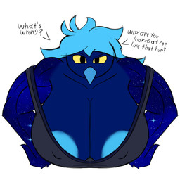anthro arm_feathers beak big_breasts blue_body blue_hair breast_expansion breasts clothed clothing dialogue expansion female hair huge_breasts hyper hyper_breasts muscular muscular_female nipple_outline oblivious partially_clothed simple_background solo text white_background yellow_eyes car_man undertale_(series) undertale_yellow martlet_(undertale_yellow) martlet_(zenith_form) avian bird 1:1 english_text hi_res