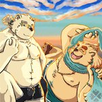 anthro belly bulge clothing duo eyewear glasses humanoid_hands kemono male moobs nipples one_eye_closed overweight overweight_male swimwear wink nigauritaruto lifewonders tokyo_afterschool_summoners cu_sith_(tas) leib_(tas) bear canid canine canis domestic_dog mammal polar_bear ursine 1:1 2021 hi_res