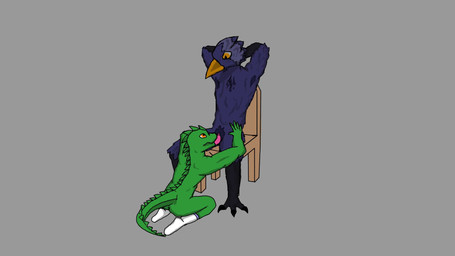anthro duo feathers fellatio green_body male male/male nude oral orange_eyes penile sex sitting spikes tail utterly_useless avian bird corvid corvus_(genus) crow oscine passerine scalie 16:9 animated hi_res no_sound short_playtime video widescreen