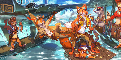 adolescent aged_up aircraft airplane ammo_belt anthro barefoot belly belt bottomwear bound_snout box breasts cleavage clothed clothing coin container crate crop_top dog_tags ear_piercing ear_ring electronics eyewear eyewear_on_head feet female female_anthro fist gag gagged gloves goggles goggles_around_neck goggles_on_head gold_(metal) gold_coin group hammer hammock handwear hat hat_feather head_tuft headgear headphones headphones_around_neck headwear holstered_pistol jewelry loose_feather lying male male_anthro melee_weapon navel necklace on_front on_ground open_clothing open_shirt open_topwear pants pawpads pier piercing raft raised_arm reclining restrained ring_piercing rope sea shirt shirtless_anthro shirtless_female shirtless_male shorts standing sword tools topwear tuft vehicle water weapon young foxer421 disney robin_hood_(disney) talespin the_jungle_book baloo kit_cloudkicker mad_dog maid_marian rebecca_cunningham robin_hood bear canid canine canis coyote fox mammal red_fox true_fox colored detailed digital_drawing_(artwork) digital_media_(artwork) hi_res shaded