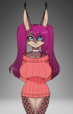 anthro bangs big_breasts big_ears blue_eyes breasts brown_body brown_fur choker clothed clothing collarbone dipstick_ears ear_markings eyebrow_through_hair eyebrows eyelashes female fur hair hands_behind_back huge_breasts inner_ear_fluff jewelry long_ears long_hair looking_at_viewer markings multicolored_ears necklace off_shoulder pigtails purple_hair smile solo spots spotted_body spotted_fur sweater topwear translucent translucent_hair tuft scorpdk sarah_(scorpdk) felid feline lynx mammal 2023 hi_res portrait three-quarter_portrait