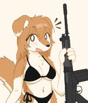 4_fingers anthro assault_rifle bar_emanata big_breasts bikini black_bikini black_clothing black_nose black_swimwear blush blush_lines breasts chest_tuft clothed clothing countershade_arms countershade_face countershade_fur countershade_tail countershade_torso countershading dipstick_ears ear_markings emanata eye_through_hair eyebrow_through_hair eyebrows eyelashes female fingers flesh_fang floppy_ears fn_fal fur gun hair holding_gun holding_object holding_ranged_weapon holding_rifle holding_weapon long_hair looking_at_viewer midriff multicolored_body multicolored_ears multicolored_fur navel open_mouth orange_body orange_fur orange_hair ranged_weapon rifle simple_background snout solo standing swimwear tail tan_background tan_body tan_countershading tan_fur three-quarter_view translucent translucent_hair tuft two-piece_swimsuit two_tone_body two_tone_fur under_boob weapon 4chan_anon canid canine canis domestic_dog mammal 2024 aliasing binary_drawing digital_drawing_(artwork) digital_media_(artwork) half-length_portrait portrait shaded soft_shading