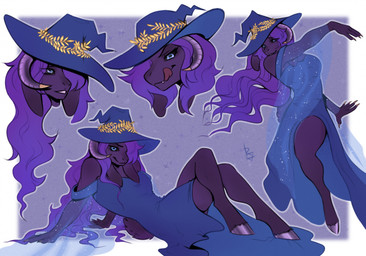 abstract_background arm_veil black_sclera blue_clothing blue_dress blue_eyes clothing crossed_legs dress female fur gold_nails hair hat headgear headwear hooves horn laurel_wreath long_ears looking_at_viewer lying multiple_poses pose purple_body purple_fur purple_hair solo tongue tongue_out renhard delta_rex_(myick) bovid caprine goat mammal headshot_portrait hi_res portrait