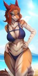 anthro beach bikini breasts clothing cloud eyewear female fur glasses hair hand_on_hip looking_at_viewer orange_hair outside sea seaside sky solo standing striped_body striped_fur stripes swimwear tail two-piece_swimsuit water veliren_rey tyn_(tyn-) sergal 2022 hi_res