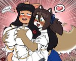 ahegao anthro big_breasts black_hair blue_eyes breast_grab breasts brown_hair duo female female/female green_eyes hair hand_on_breast heart_symbol looking_pleasured smile speech_bubble noahdoesart moriah_(noahdoesart) domestic_cat felid feline felis mammal hi_res