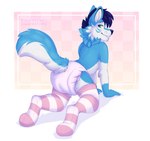 all_fours anthro clean_diaper clothed clothing countershading diaper femboy legwear looking_at_viewer looking_back male smile solo stockings stripes thigh_highs wearing_diaper applepup wintie canid canine canis domestic_dog husky hybrid mammal nordic_sled_dog spitz wolf 2021 hi_res