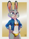 anthro bikini bikini_bottom bikini_top breasts cleavage clothed clothing denim denim_clothing denim_jacket denim_topwear ears_up female fur gold_bikini hands_on_hips jacket logo multicolored_body multicolored_fur purple_eyes scut_tail short_tail smile solo swimwear tail text topwear two-piece_swimsuit two_tone_body two_tone_fur zigrock001 disney golden_week zootopia judy_hopps european_rabbit lagomorph leporid mammal oryctolagus rabbit absurd_res artist_logo artist_name hi_res