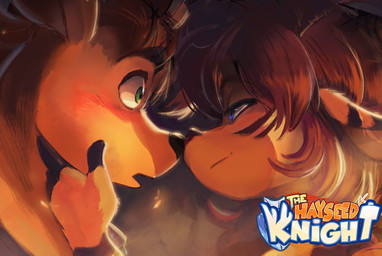 anthro blue_eyes blush brown_hair female flustered green_eyes hair hand_on_chin horn male nose_to_nose open_mouth orange_body red_hair smile smirk smug stripes text yellow_body maxi_molina the_hayseed_knight ader_(the_hayseed_knight) sep_(the_hayseed_knight) antelope bovid deer gazelle mammal hi_res