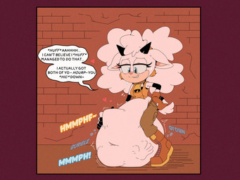 abdominal_bulge anthro bell blue_eyes bodily_fluids boots bottomwear brown_background brown_boots brown_clothing brown_footwear brown_gloves brown_handwear clothed clothing dialogue female female_pred female_prey footwear fur gloves green_bottomwear green_clothing green_pants grin group hand_imprint hand_on_belly hand_on_hip handwear heart_symbol imprint looking_at_belly looking_pleasured maroon_border motion_lines multiple_prey narrowed_eyes onomatopoeia orange_clothing orange_shirt orange_tank_top orange_topwear pants rumbling_stomach shirt shoes simple_background smile sound_effects speech_bubble standing sweat sweatdrop tank_top text topwear trio vore white_body white_fur white_wool wool_(fur) clairecafe2 idw_publishing sega sonic_the_hedgehog_(comics) sonic_the_hedgehog_(idw) sonic_the_hedgehog_(series) lanolin_the_sheep_(sonic) tangle_the_lemur whisper_the_wolf bovid caprine mammal sheep 2023 4:3 absurd_res english_text hi_res