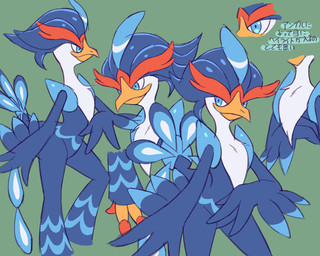 ambiguous_gender anthro avian_butt beak biped blue_body blue_eyes blue_fur feathers fur green_background looking_at_viewer multiple_angles orange_body orange_fur side_view simple_background smile solo tail text white_body white_fur kajinchu nintendo pokemon generation_9_pokemon pokemon_(species) quaquaval 5:4 hi_res japanese_text sketch translation_check translation_request