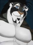 anthro black_body black_fur black_hair blue_eyes clothed clothing fur grey_body grey_fur hair looking_at_viewer male multicolored_body multicolored_fur smile solo stripes topless white_body white_fur dazen_cobalt dazen_(character) felid mammal pantherine tiger bust_portrait portrait