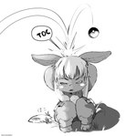 ambiguous_gender annoyed anthro bangs clothed clothing crouching ears_down grass holding_head humor partially_clothed pivoted_ears plant pokeball whiskers maiconsandey made_in_abyss nintendo pokemon nanachi humanoid lagomorph leporid mammal narehate rabbit black_and_white digital_media_(artwork) hi_res monochrome