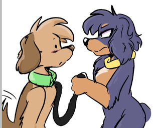 anthro blush collar duo female leash leash_pull male male/female simple_background white_background catlovingloser housepets! bino_(housepets!) duchess_(housepets!) canid canine canis domestic_dog mammal hi_res